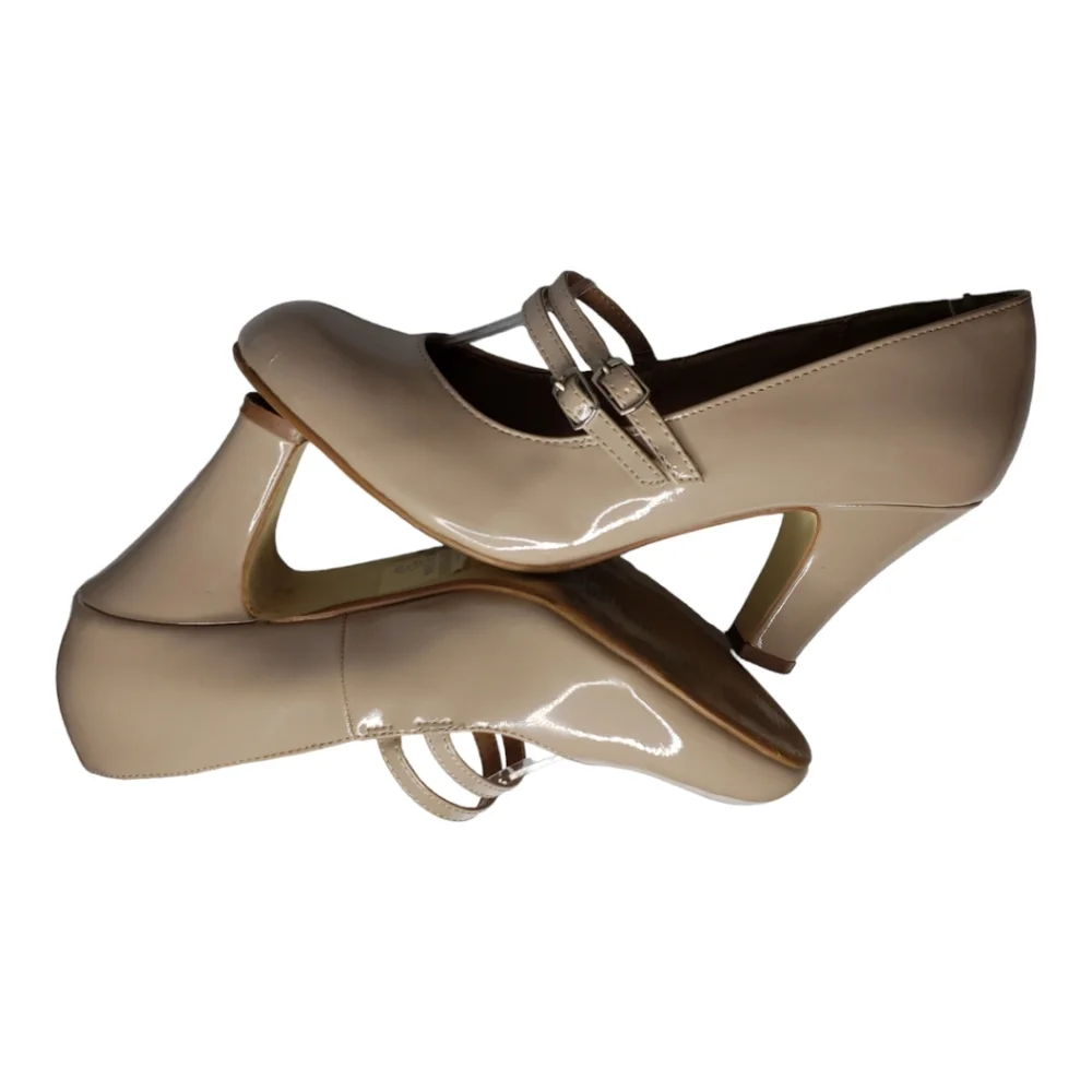 Bridesmaid Faux Patent Double Strap Mary Jane Heels Neutral Office Brinley 7.5 ♡
